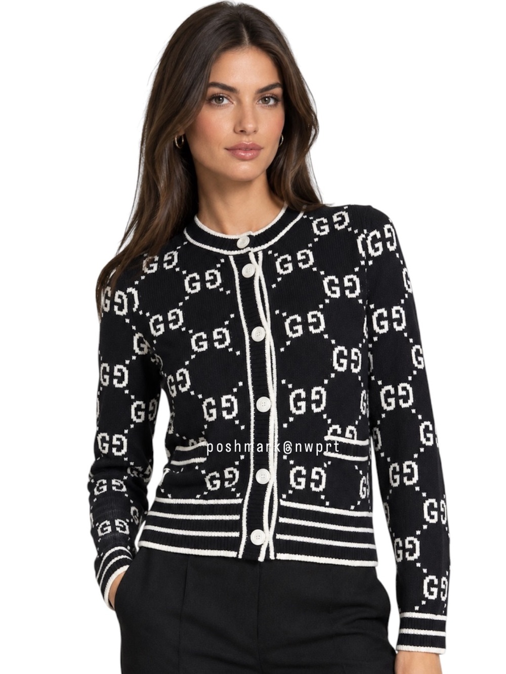 GUCCI 💯 GG Supreme Logo Cardigan Sweater Black Ivory White Cotton XS